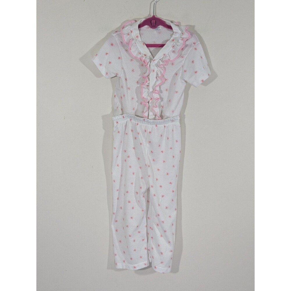 Vintage Carters Girls 4T Snap Waist Pajamas 2 Piece Pink Hearts Ruffles USA